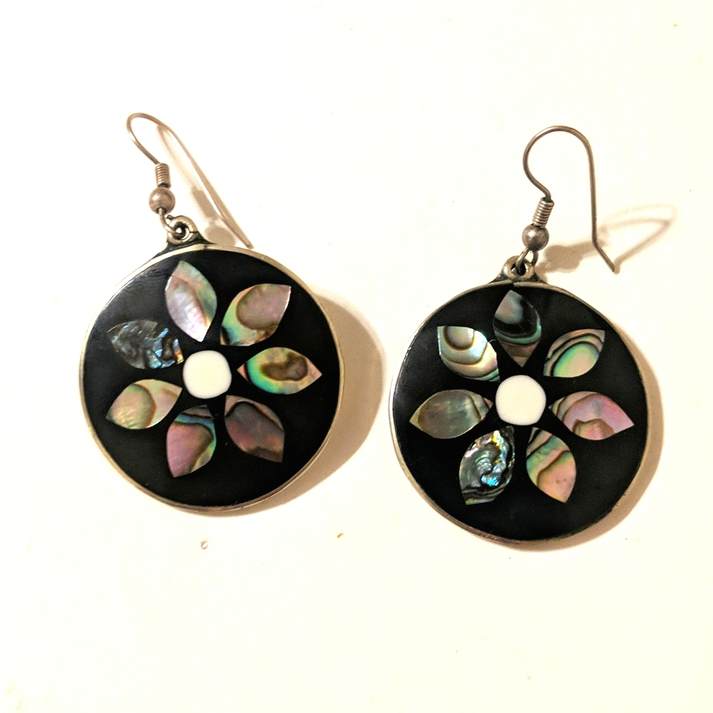 Vintage Rainbow Abalone Alpaca Mexico Silver Flower Earrings